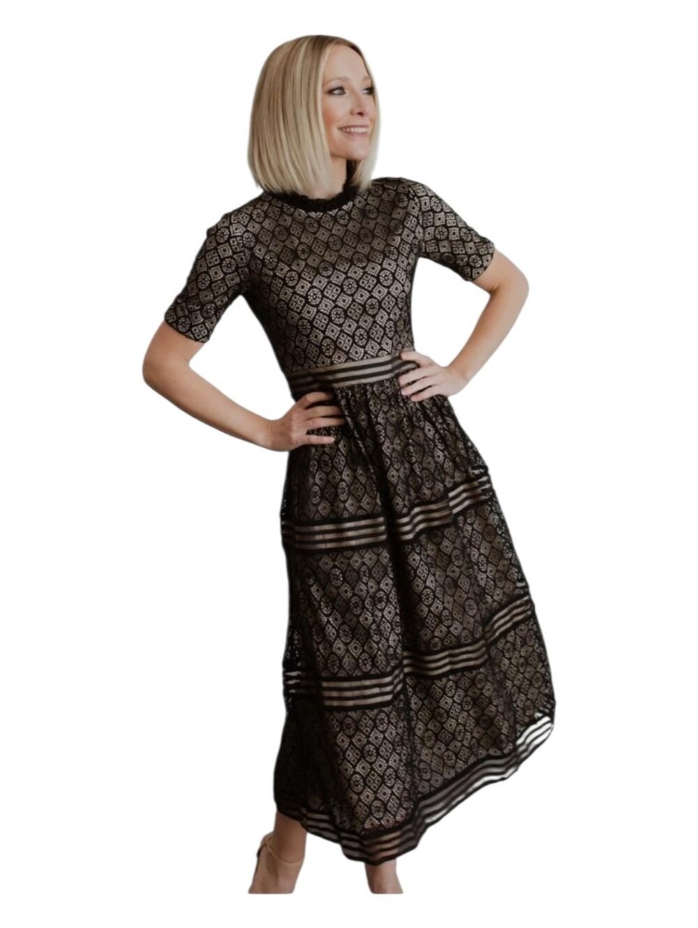 Baltic Born Windsor Lace Midi Dress Black Nude Size M